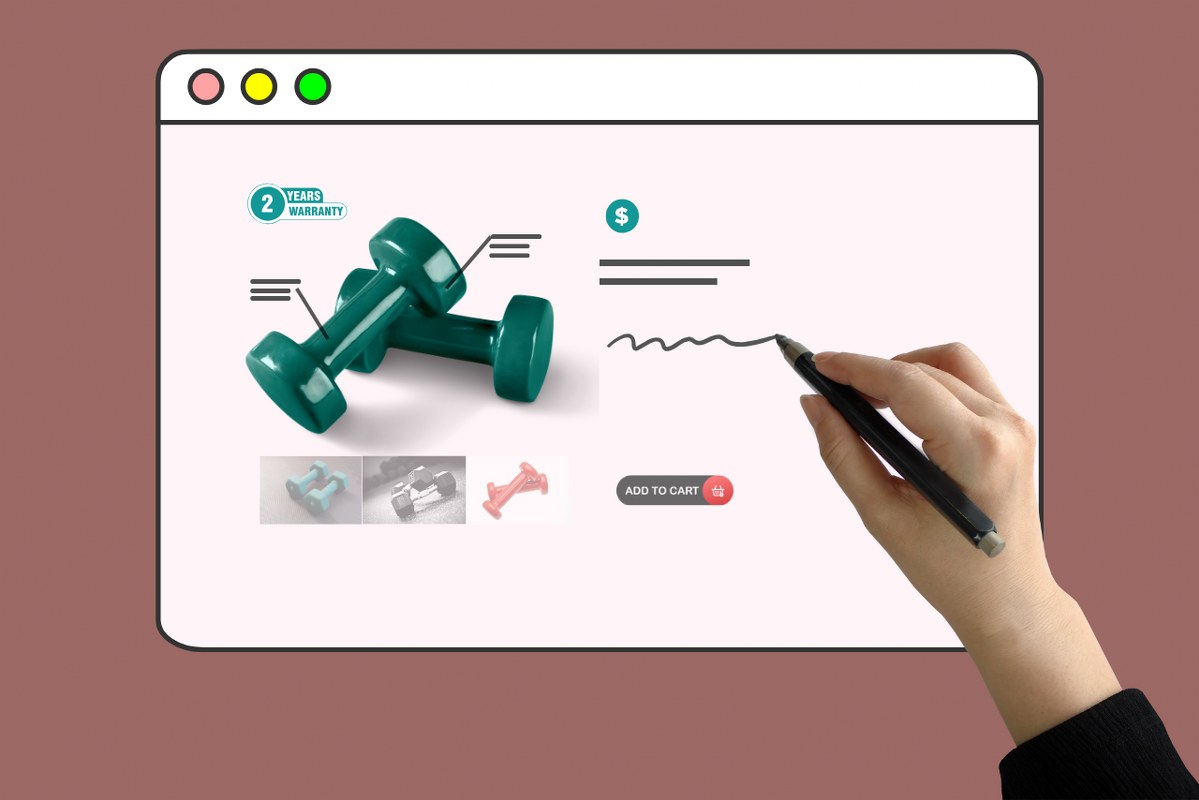 A hand is writing a product description for dumbbell.