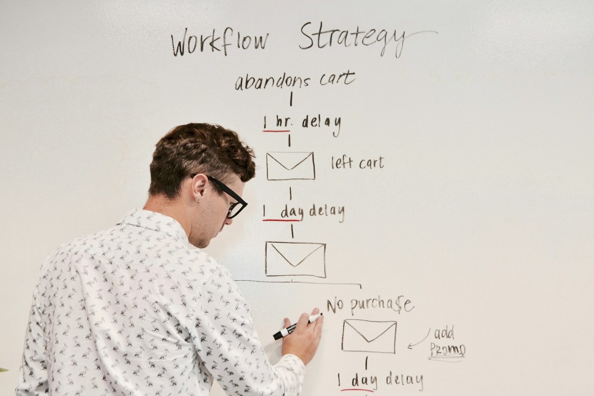 A man is ideating an email strategy on a white board.