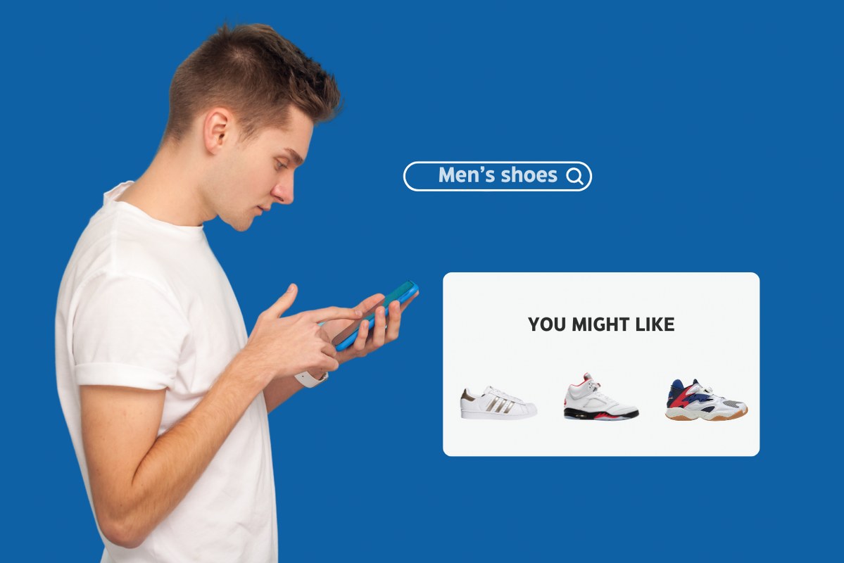 A man searches for shoes, and the website recommends options for him.
