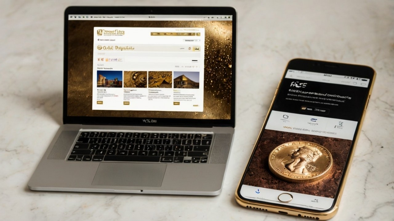 A phone and a laptop displaying gold-selling websites.