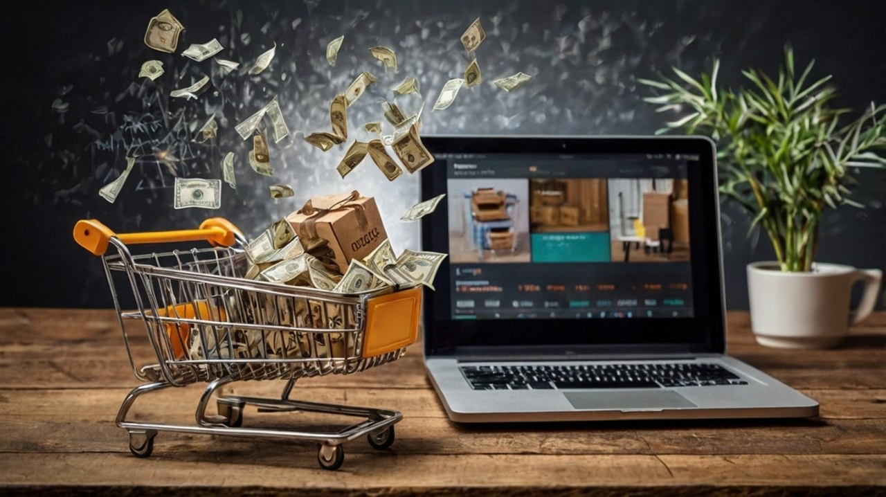 A shopping cart with ecommerce products and money.