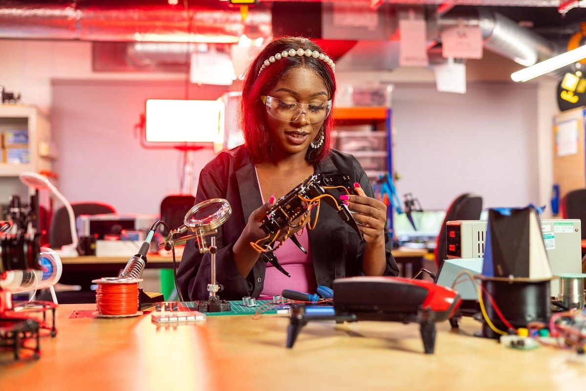 A technician repairing devices.