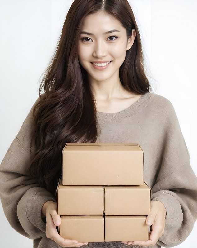 A woman carrying packaging material.