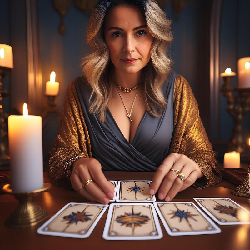 A woman reading cards.