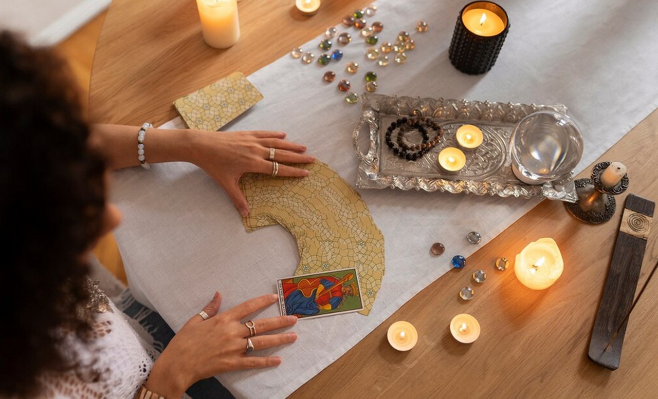 A woman spreading tarot cards on the table.