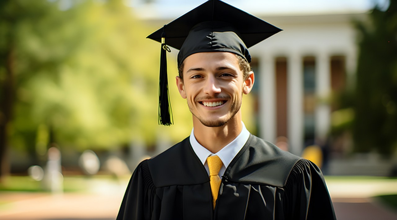 A young man in a graduation suit.