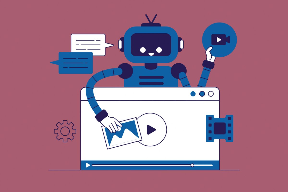 Artificial intelligence robot create content on computer.