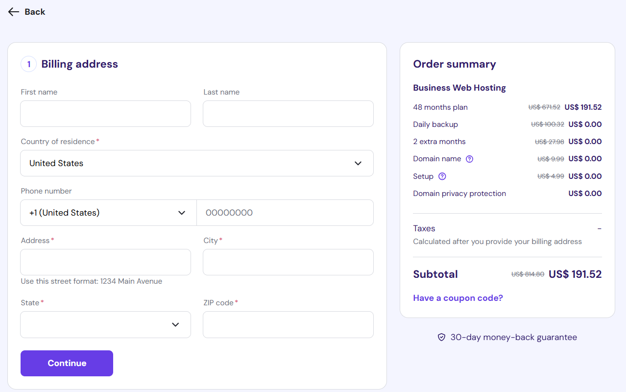 Billing Address page
