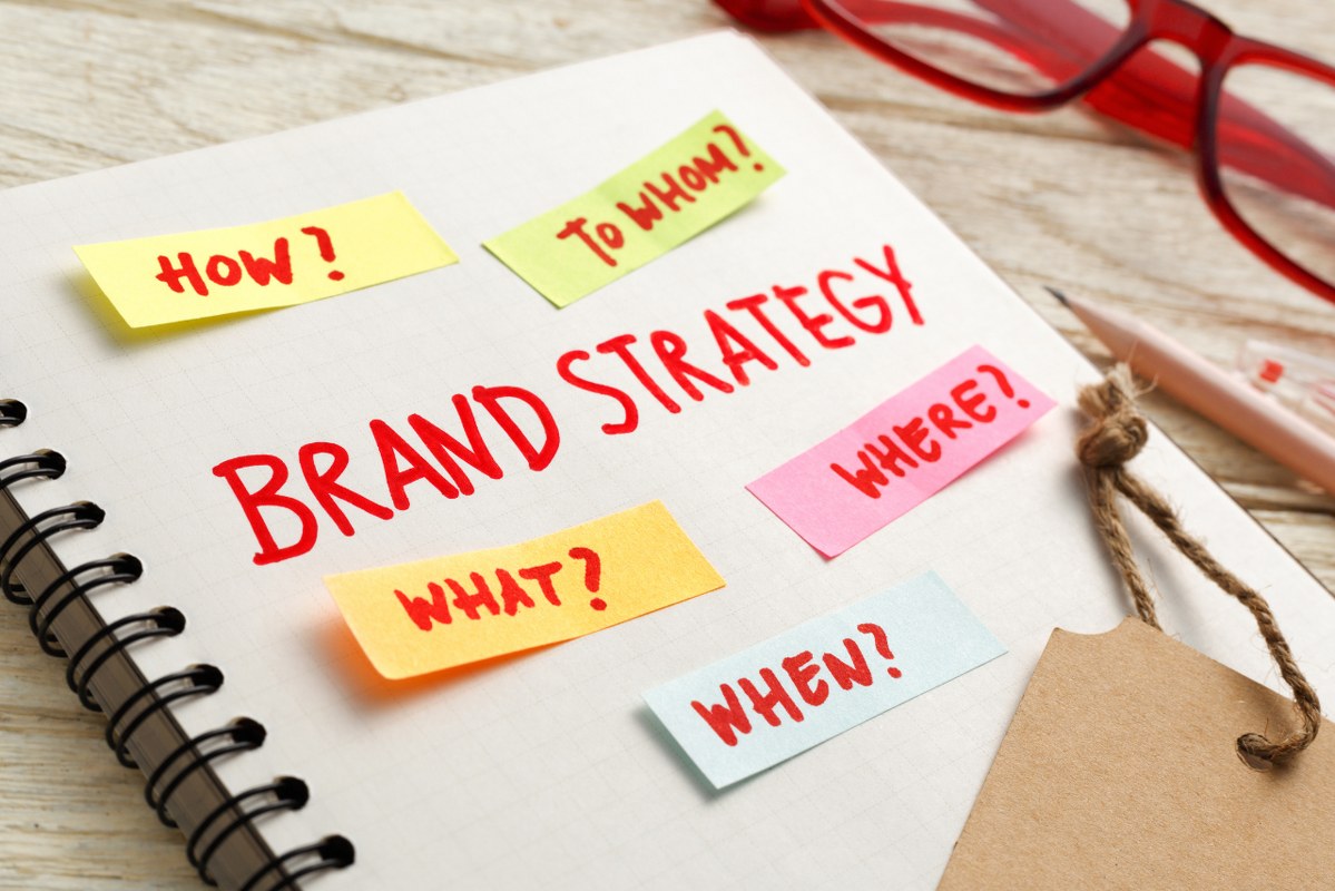 Brand strategy marketing concept closeup with brand tag on work table.