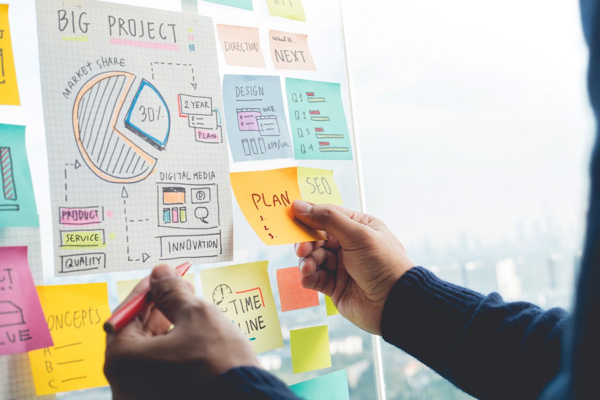 Business Owner creating marketing plan on transparent wall using sticky notes.