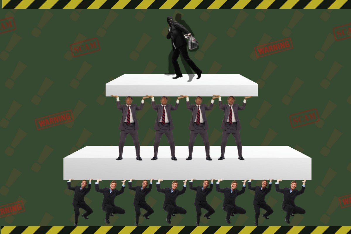 Business people lift each other, but the top one takes all the money and runs.