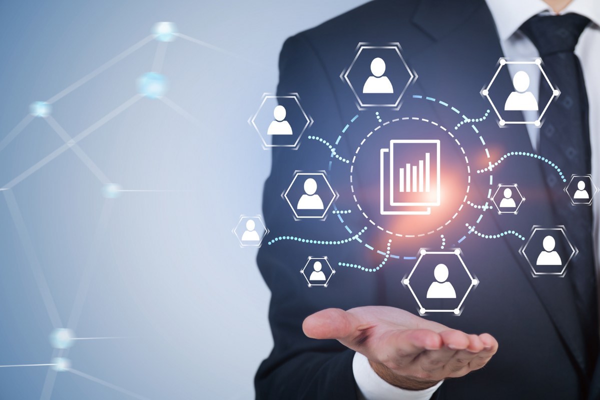 Businessman and document management interface.