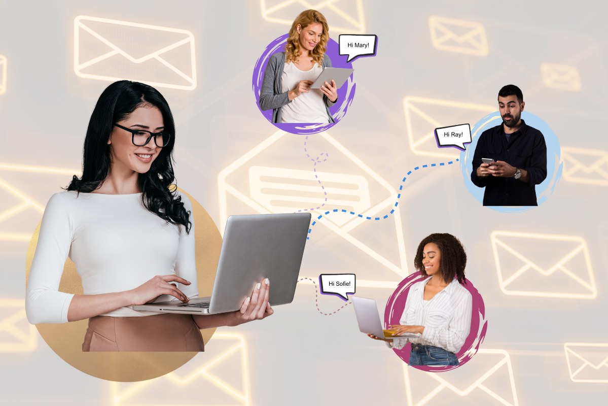 Businesswoman sends personalized emails.