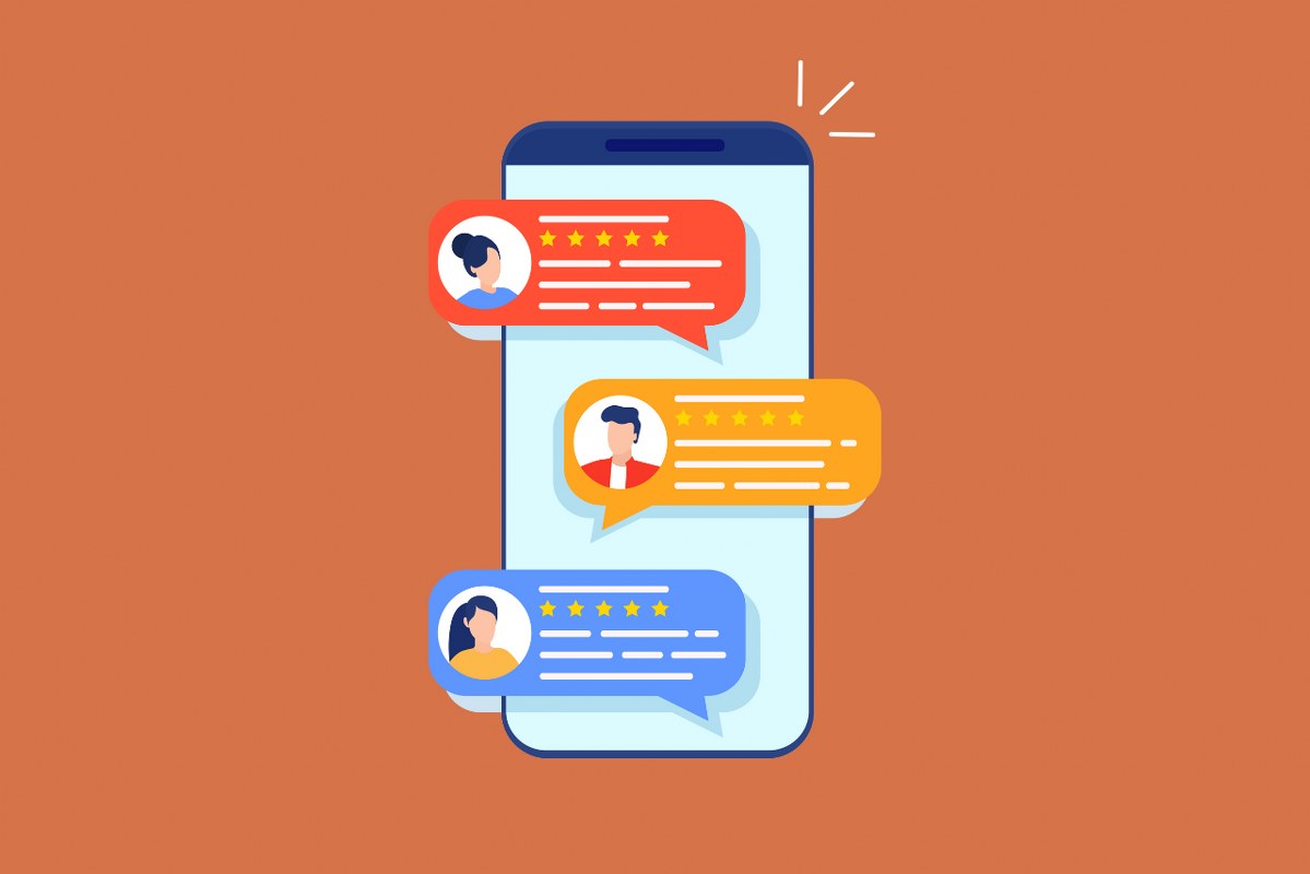 Cartoon illustration of short customer testimonials on phone.