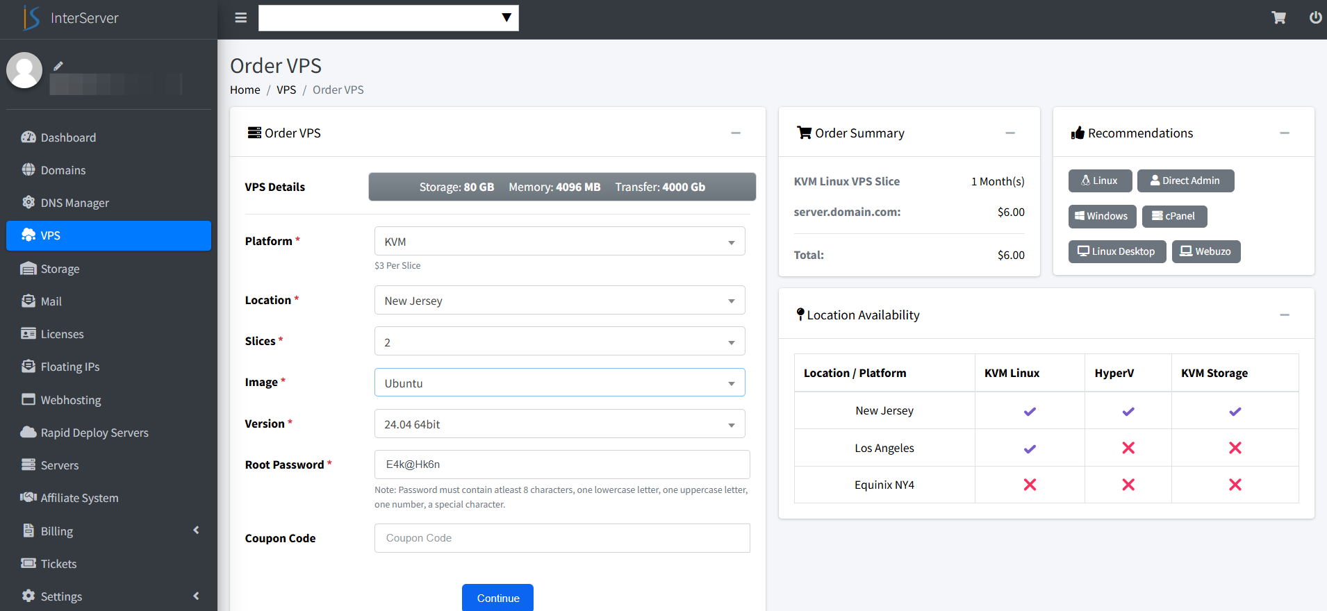Interserver VPS menu