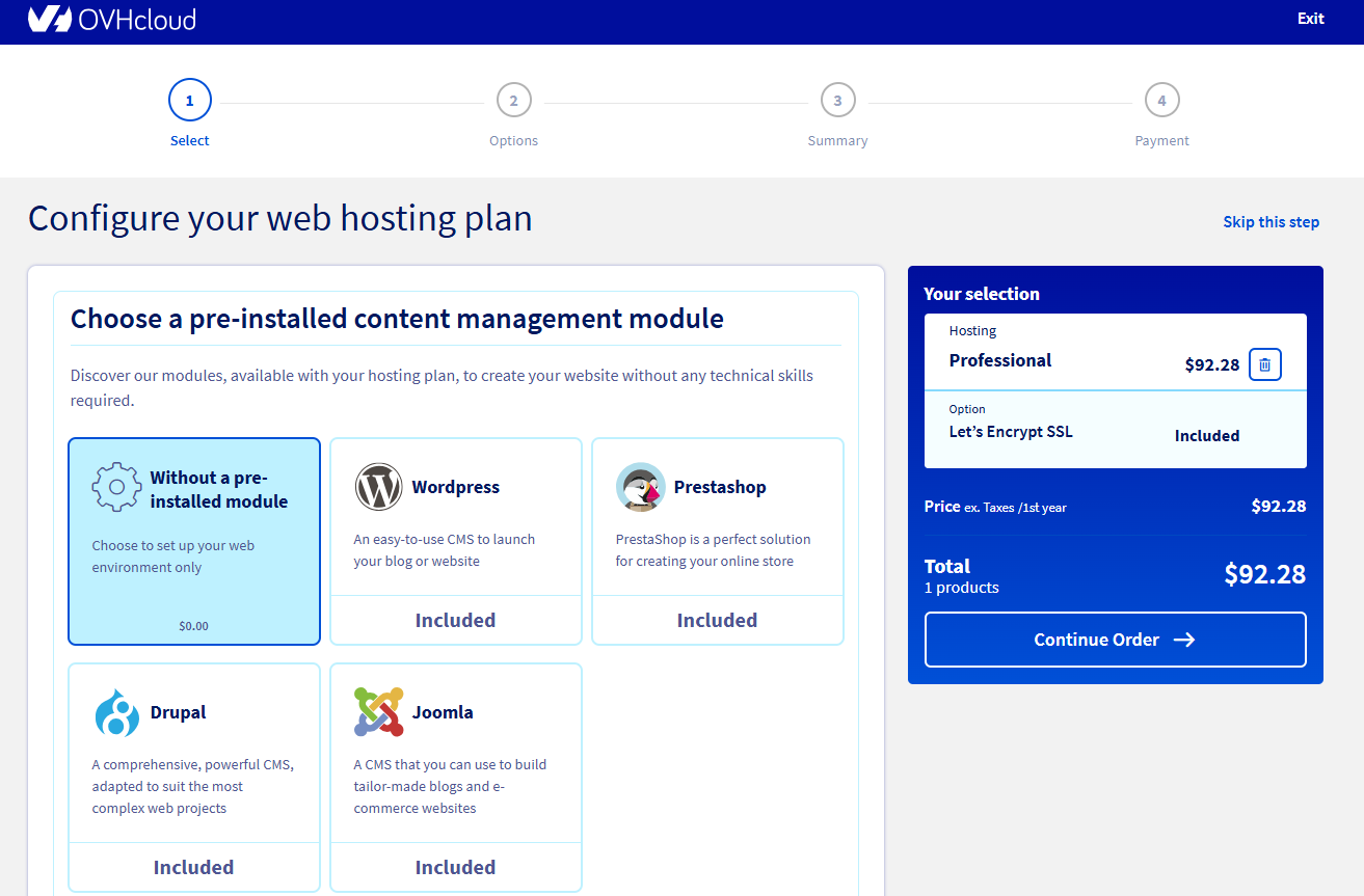 OVHcloud hosting plan configurations