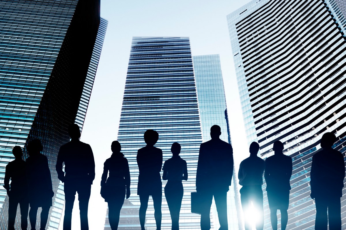 Corporate Business People Looking Up Skyscraper.