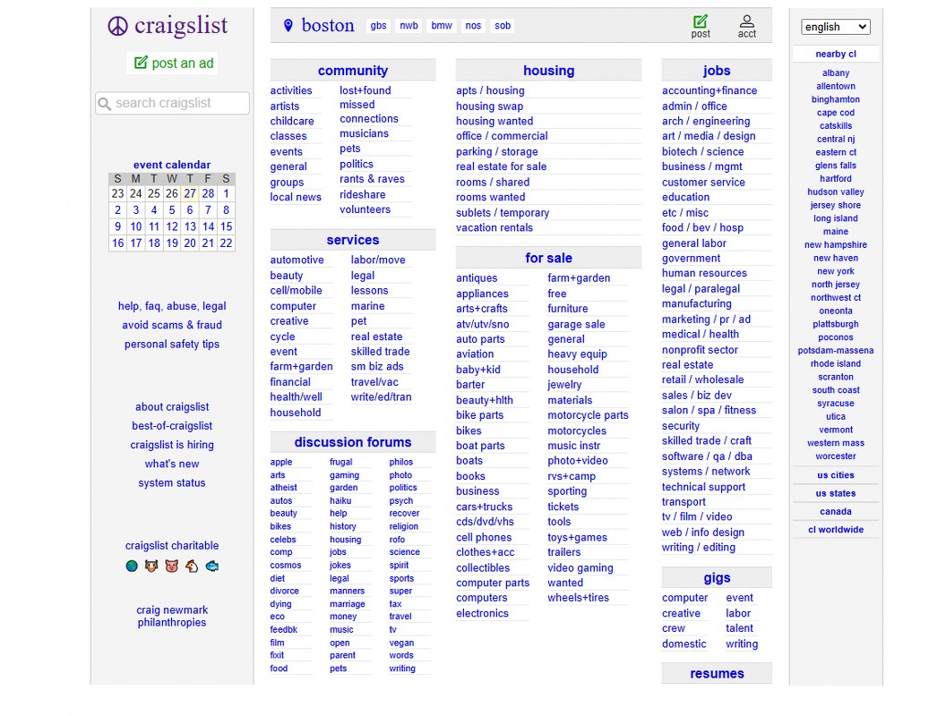 Craigslist website homepage 