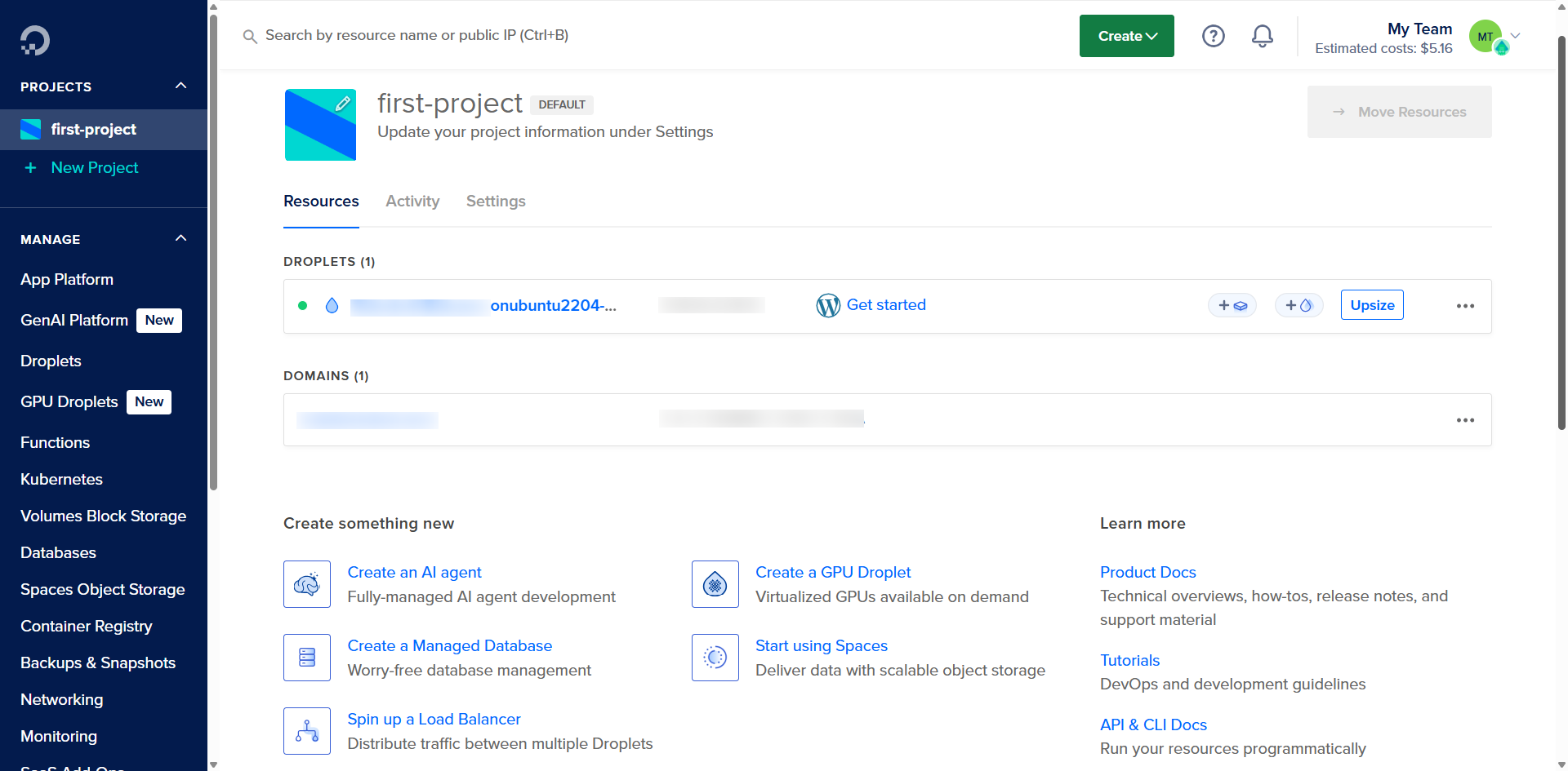 Deigital Ocean projects tab
