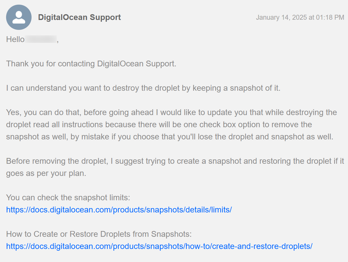 DigitalOcean Support conversation