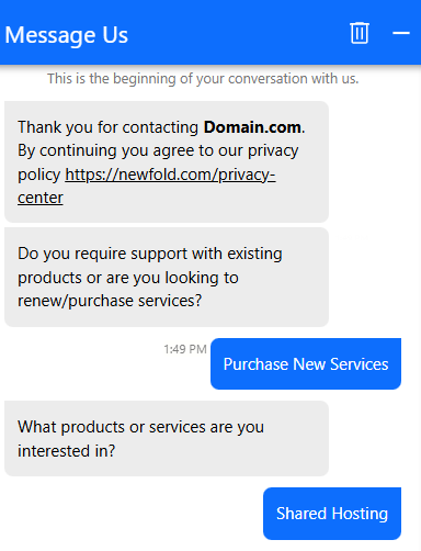 Domain.com Livechat conversation