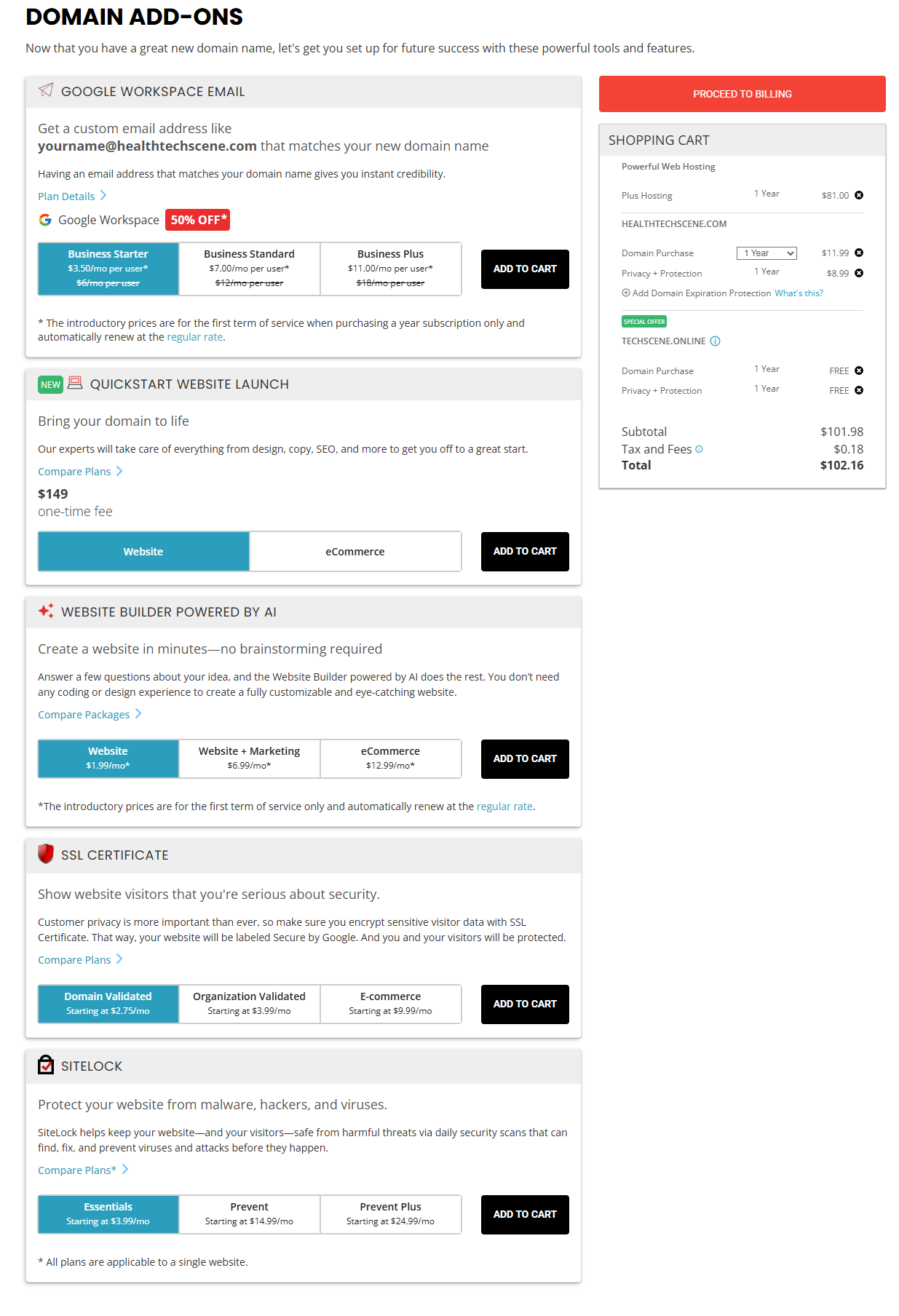 Domain Add-Ons page