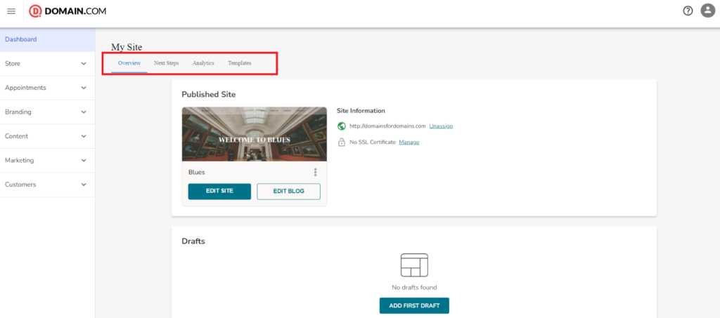 Domain.com dashboard top navigation bar