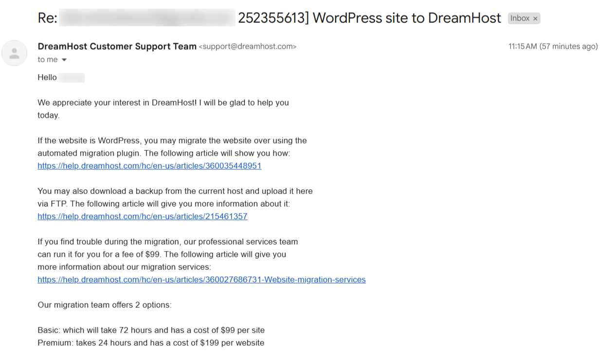 DreamHost Support Email Conversation