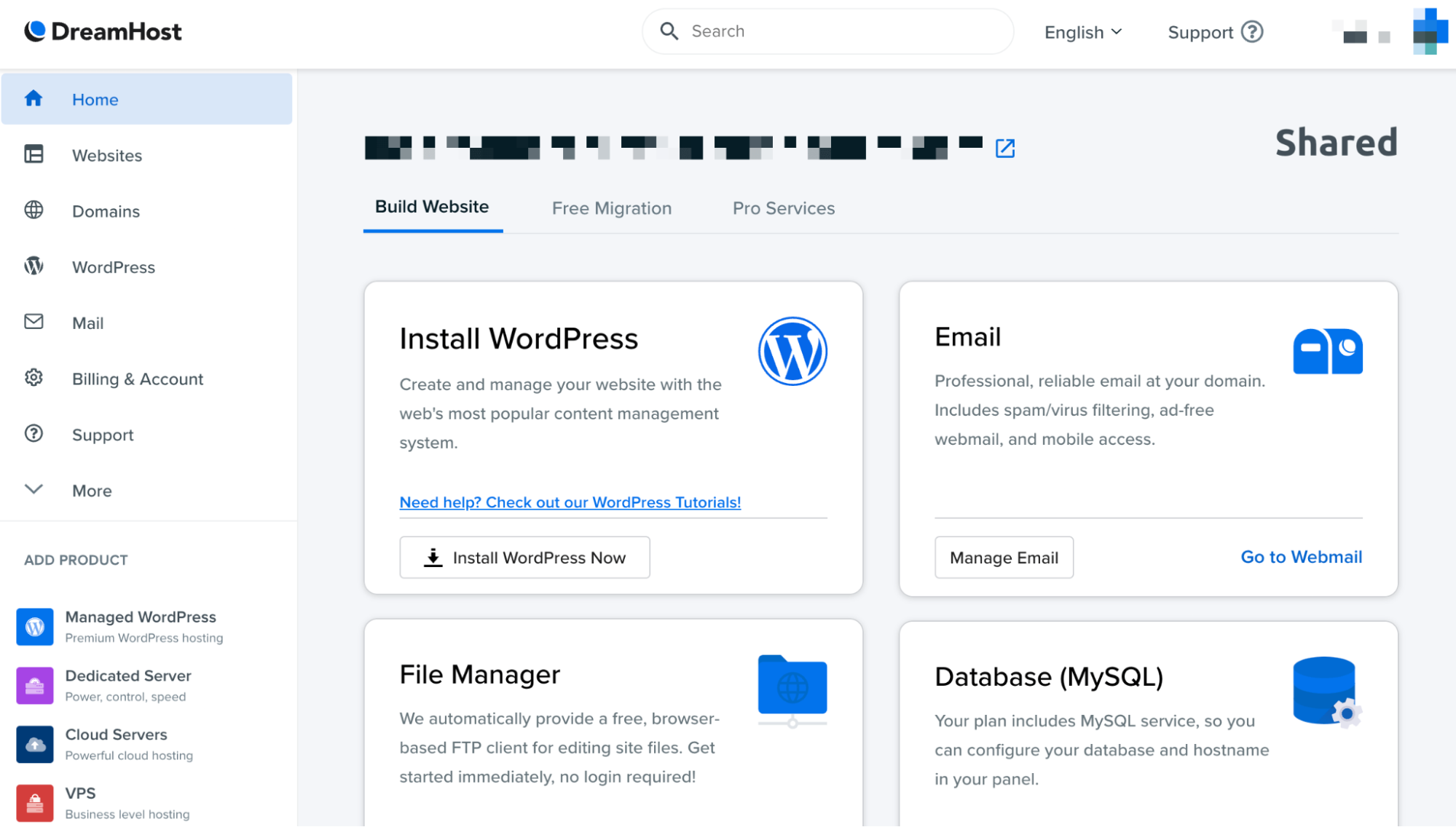 DreamHost dashboard