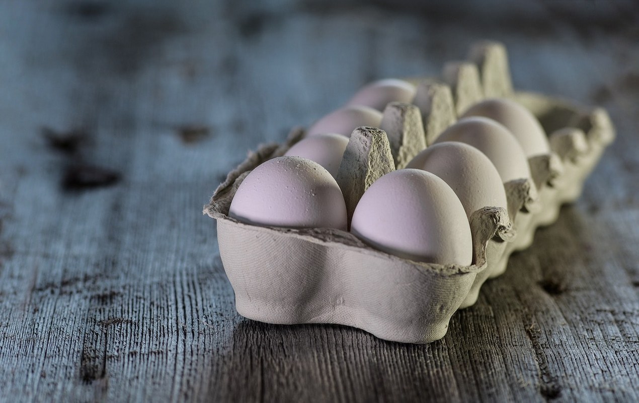 Eggs in a recycled carton tray.