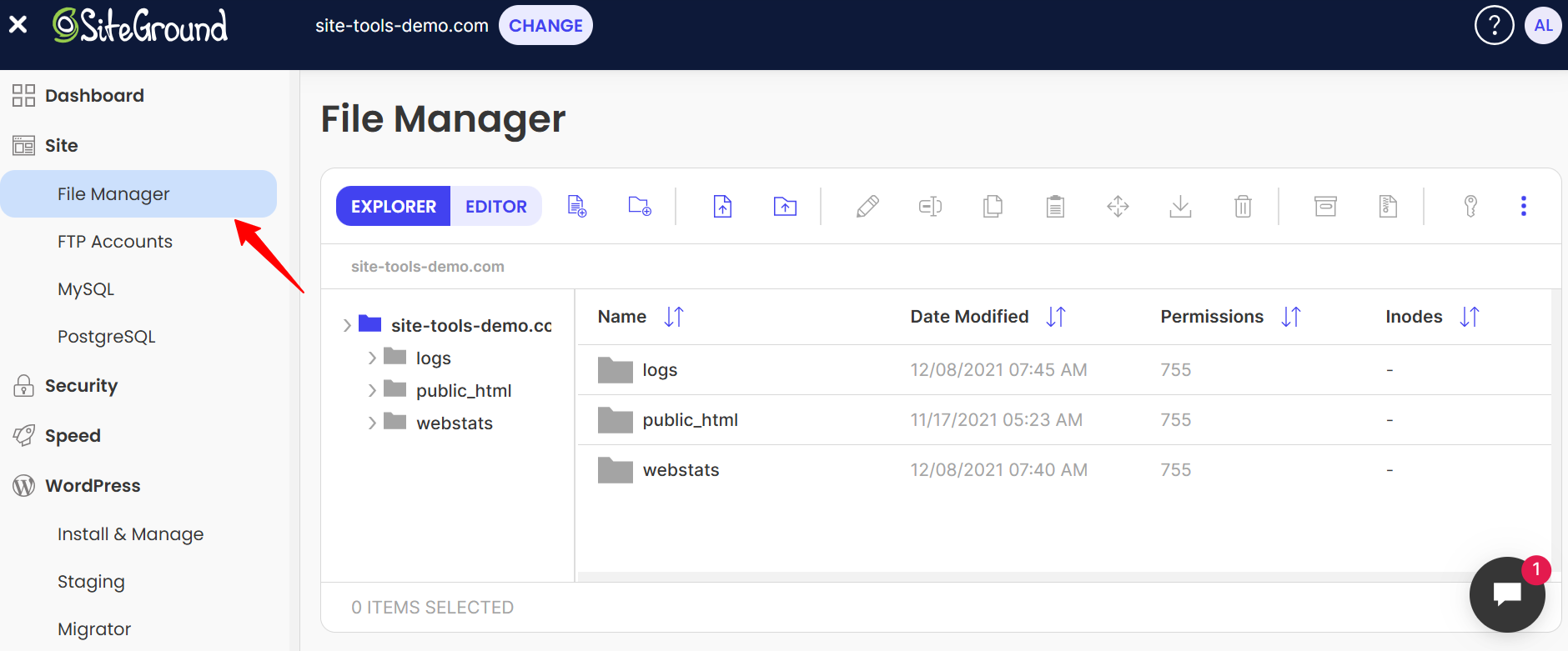 Siteground File Manager