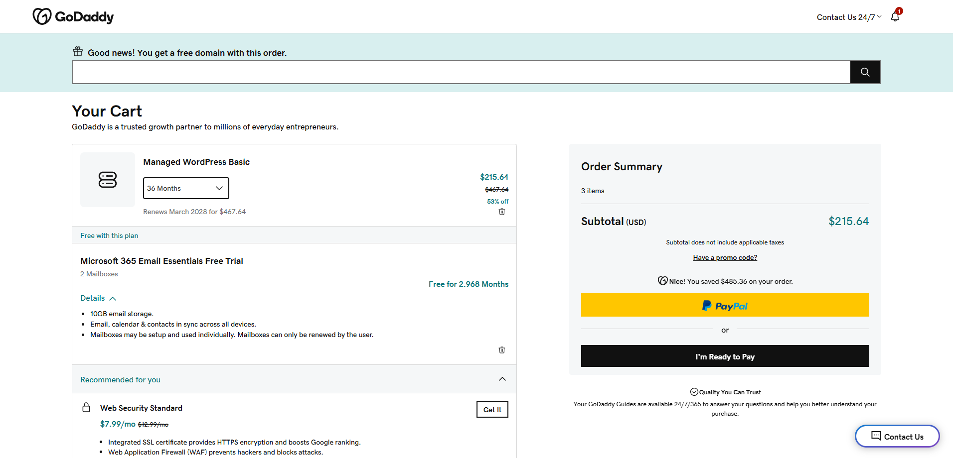 Carrito de compras de GoDaddy