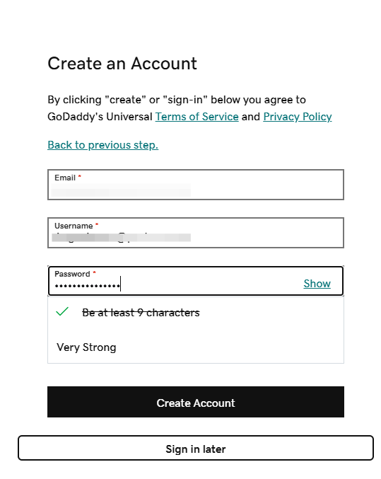 Formulario de registro de GoDaddy