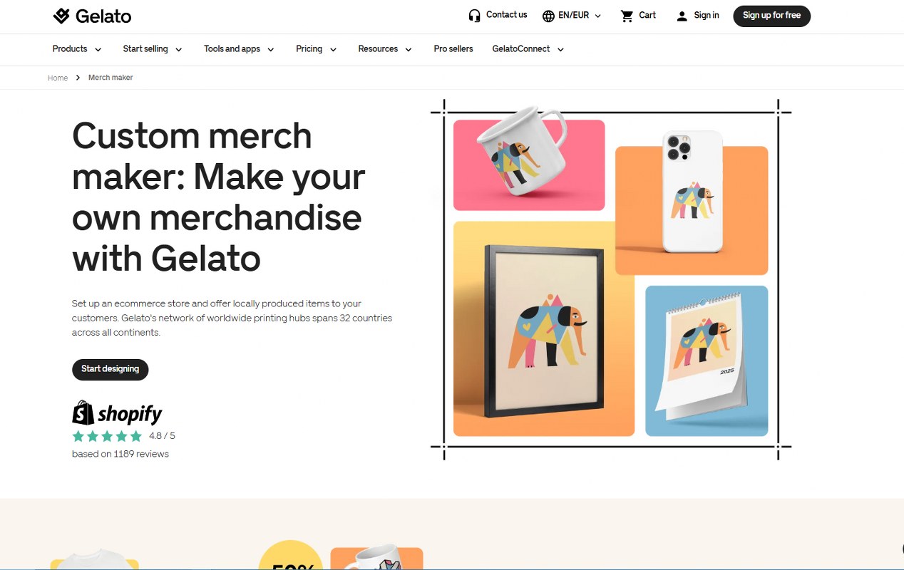 Gelato website homepage.