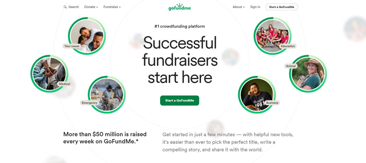 GoFundMe website homepage.