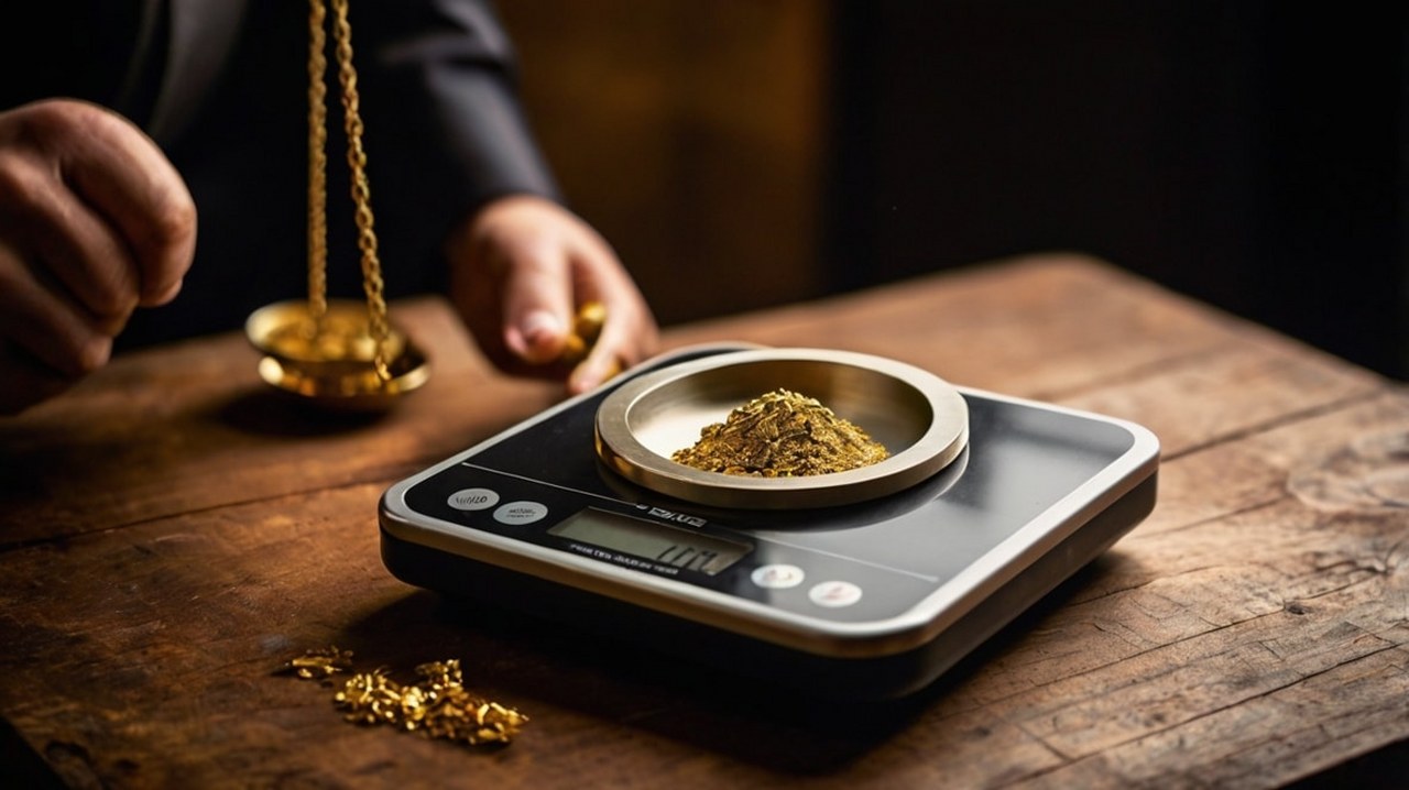 Gold being weighed on a weighing scale.