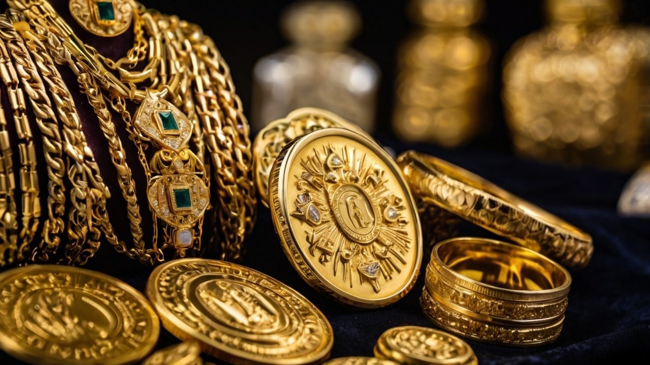 Gold coins and jewelry.