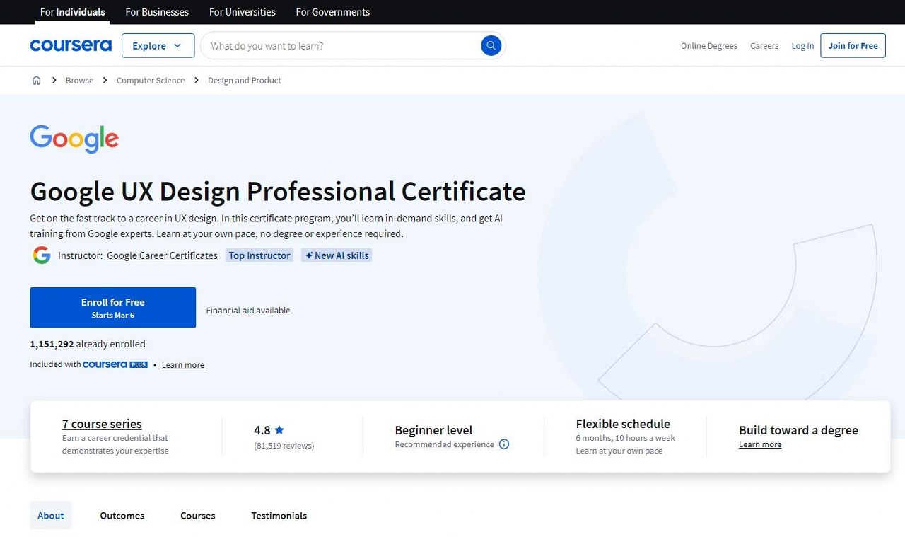 Google UX design certificate course page on Coursera.