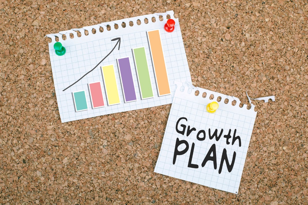 Growth Plan on paper pinned on wall.