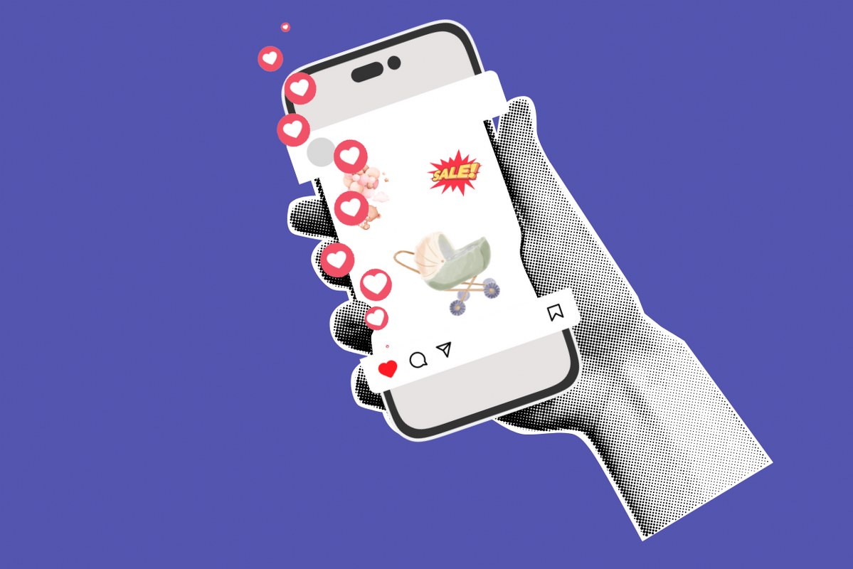 Hand holding phone with baby cart post on social media with heart reactions.