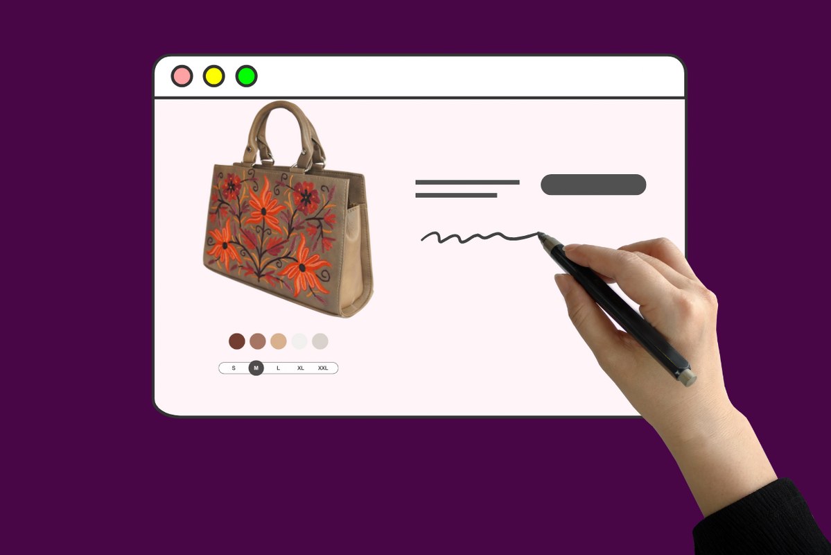 Hand writing product description for handmade bag.