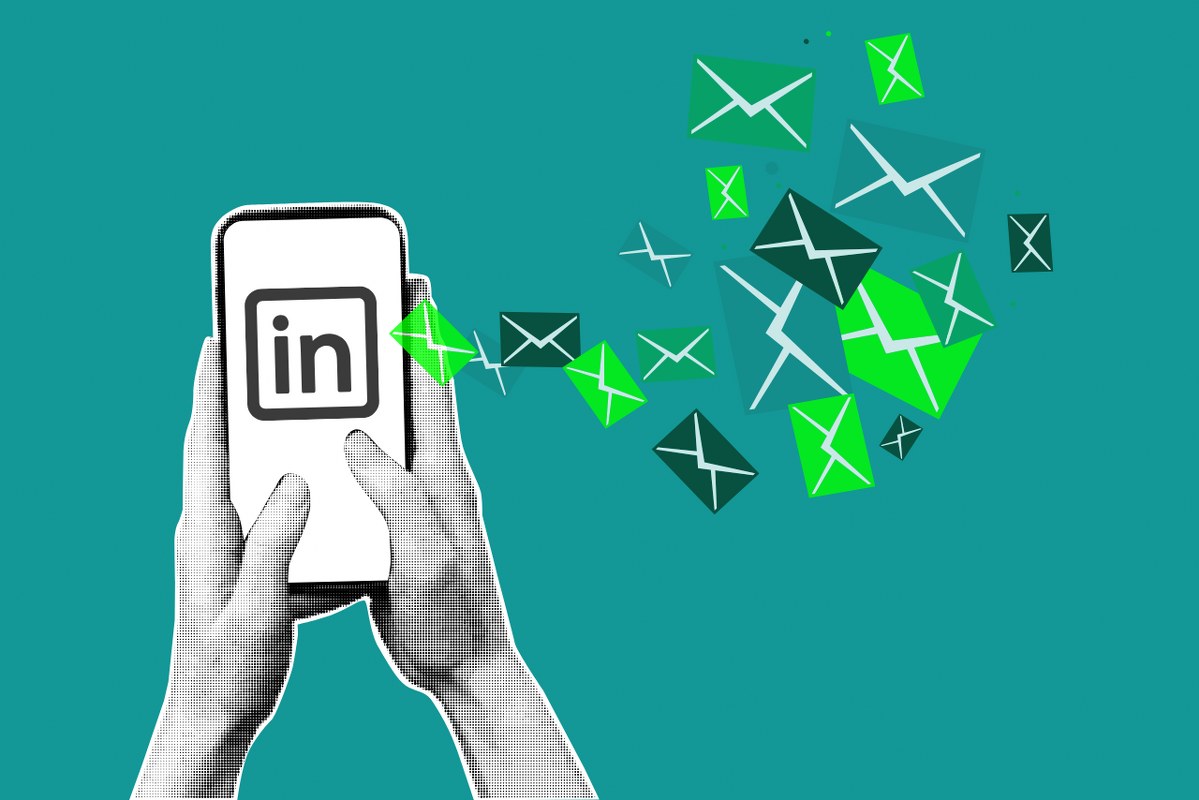 Hands holding phone with Linkedin logo and flying envelopes.