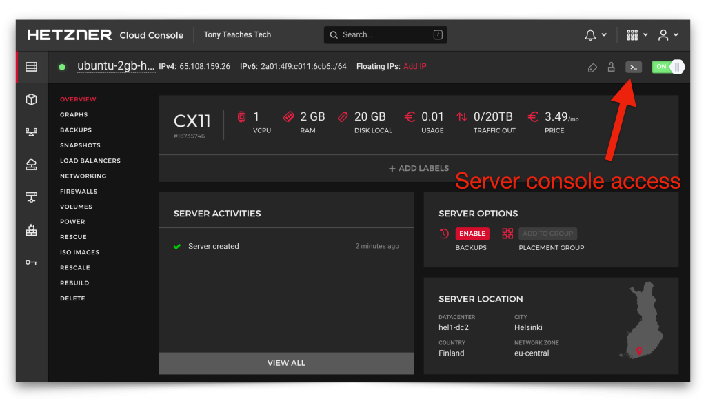 Server Console Access button