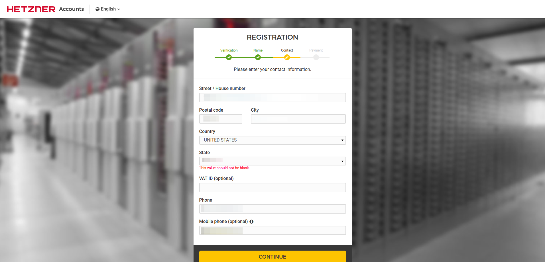 Hetzner Registration form