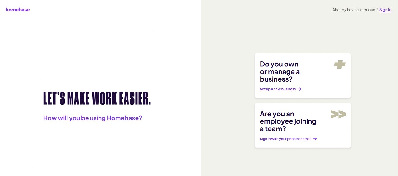 Homebase website homepage.