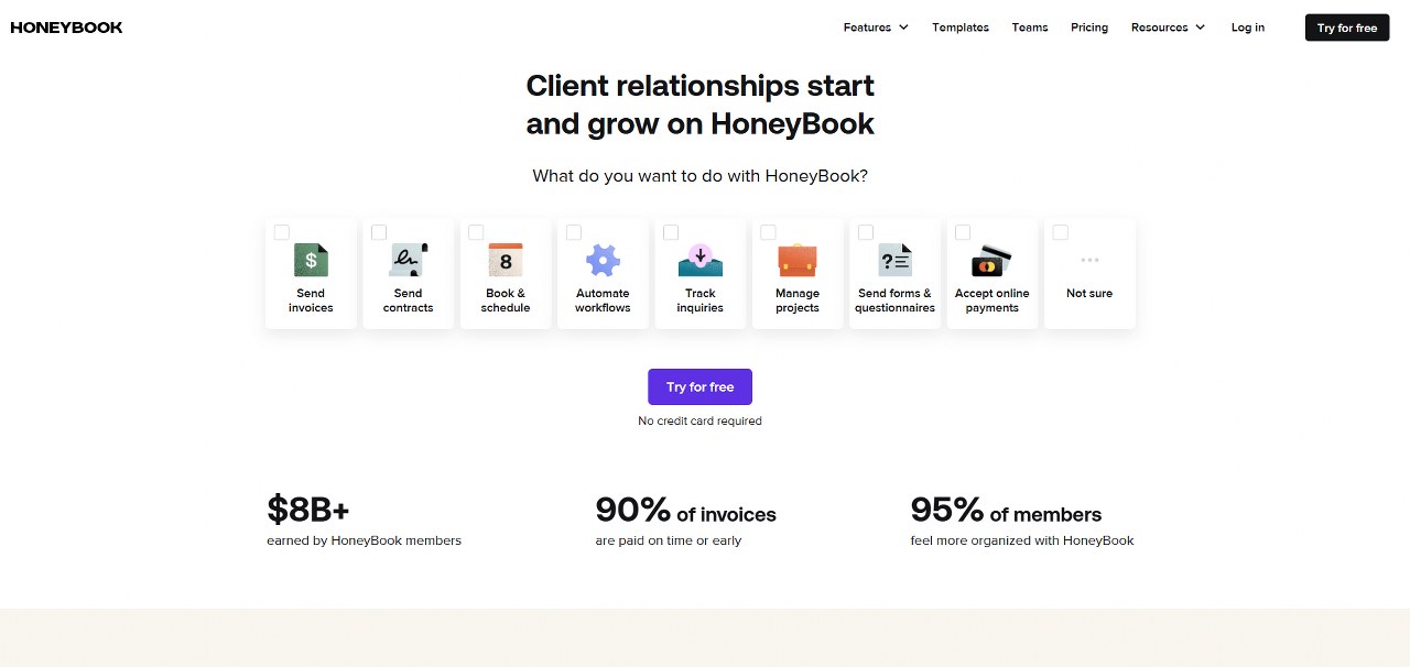 Honeybook homepage.