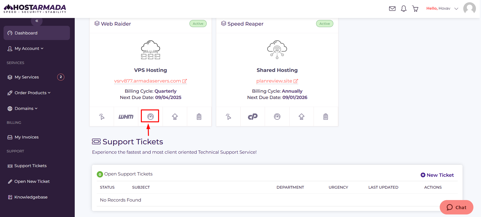 Web Host Manager button