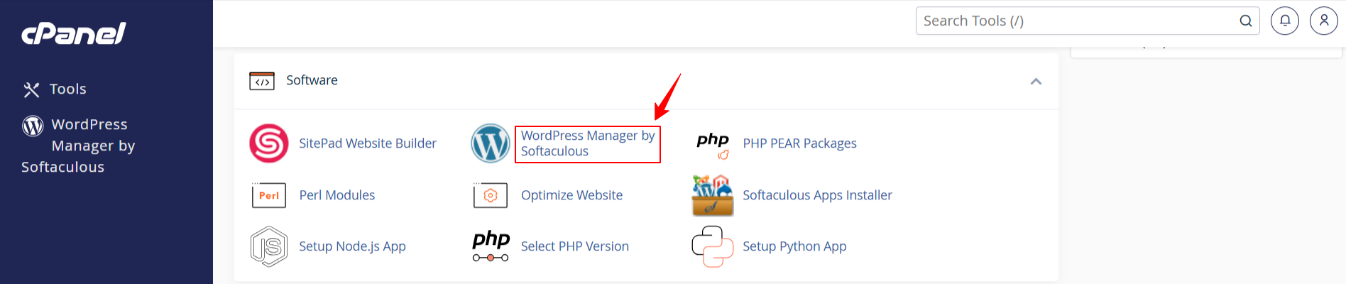 WordPress Manager by Softaculous button