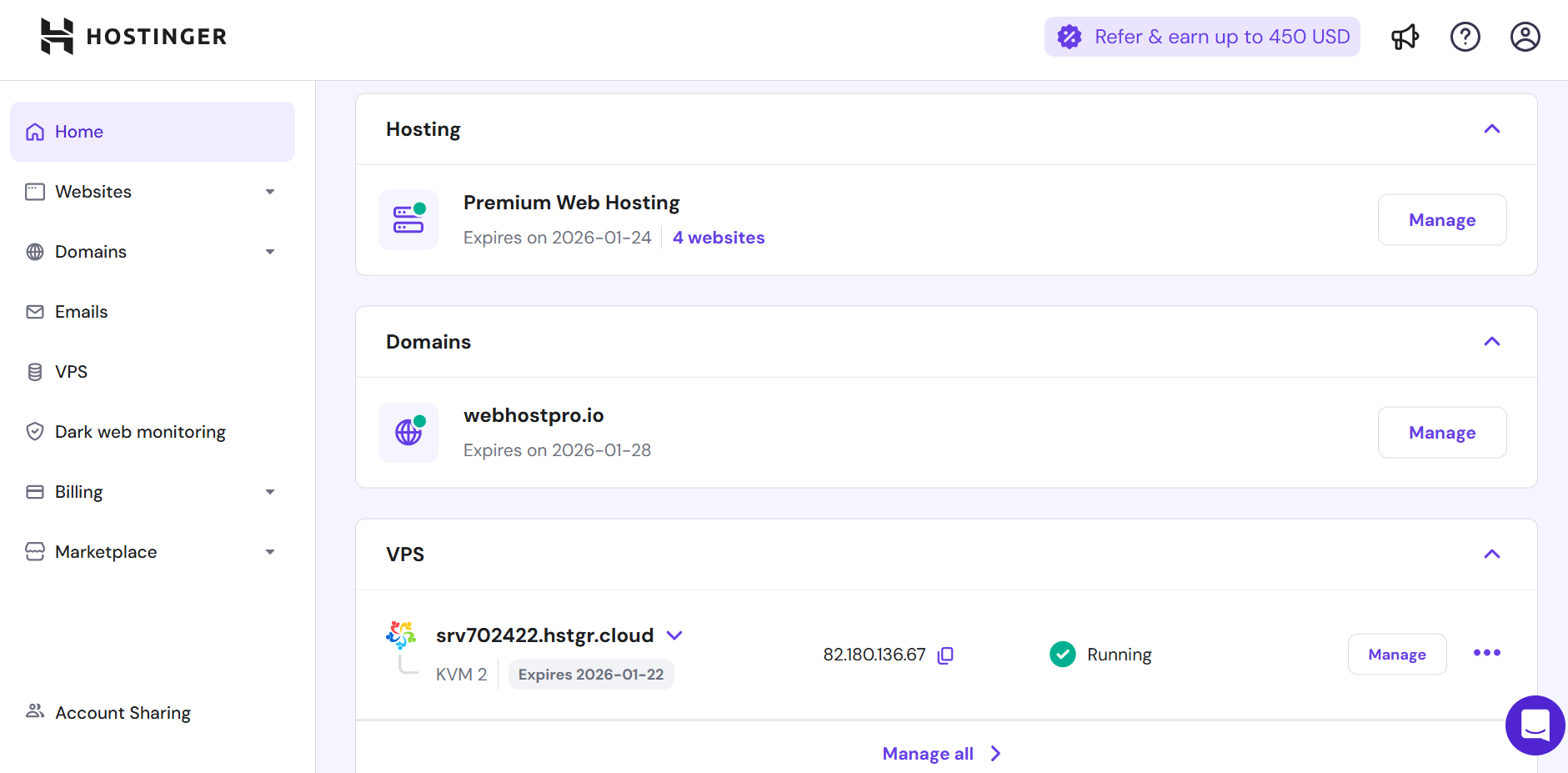 Hostinger's dashboard