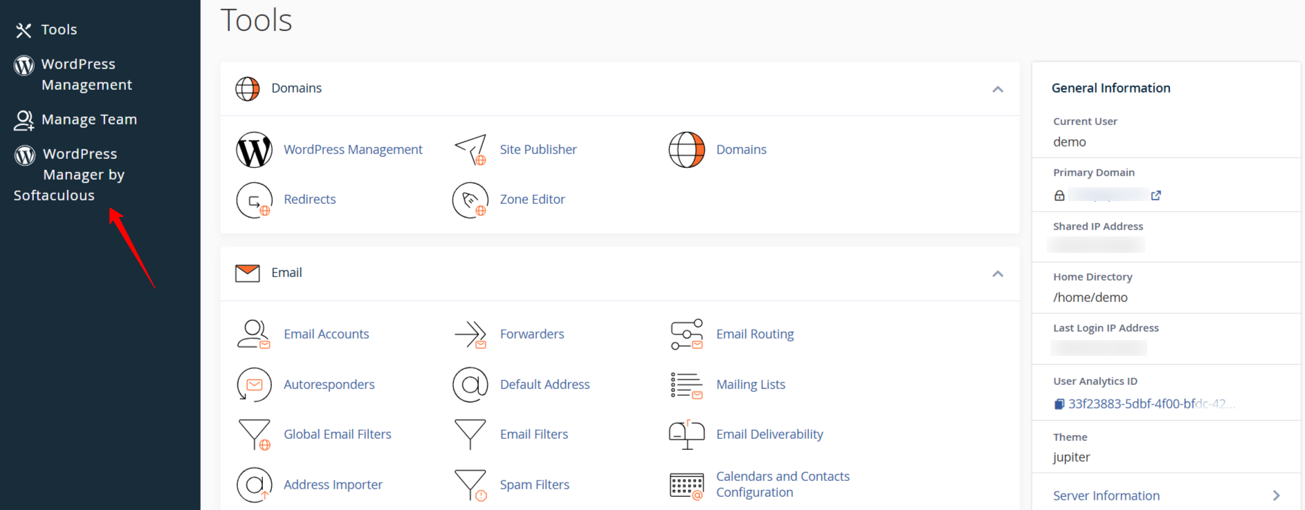 cPanel Tools tab
